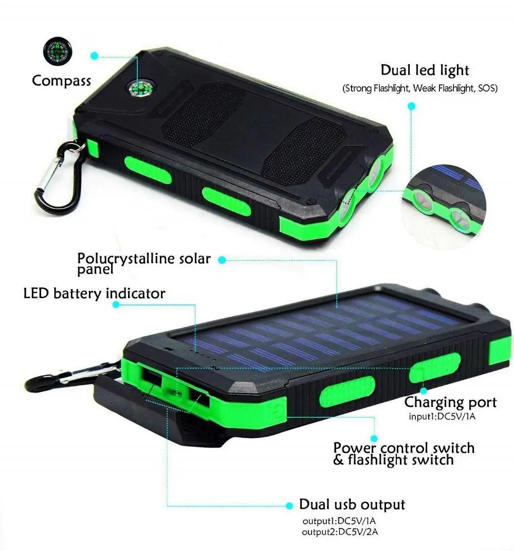 Dual LED lights with compass, flashlights, and SOS signal, plus power bank with solar charge and dual USB ports.