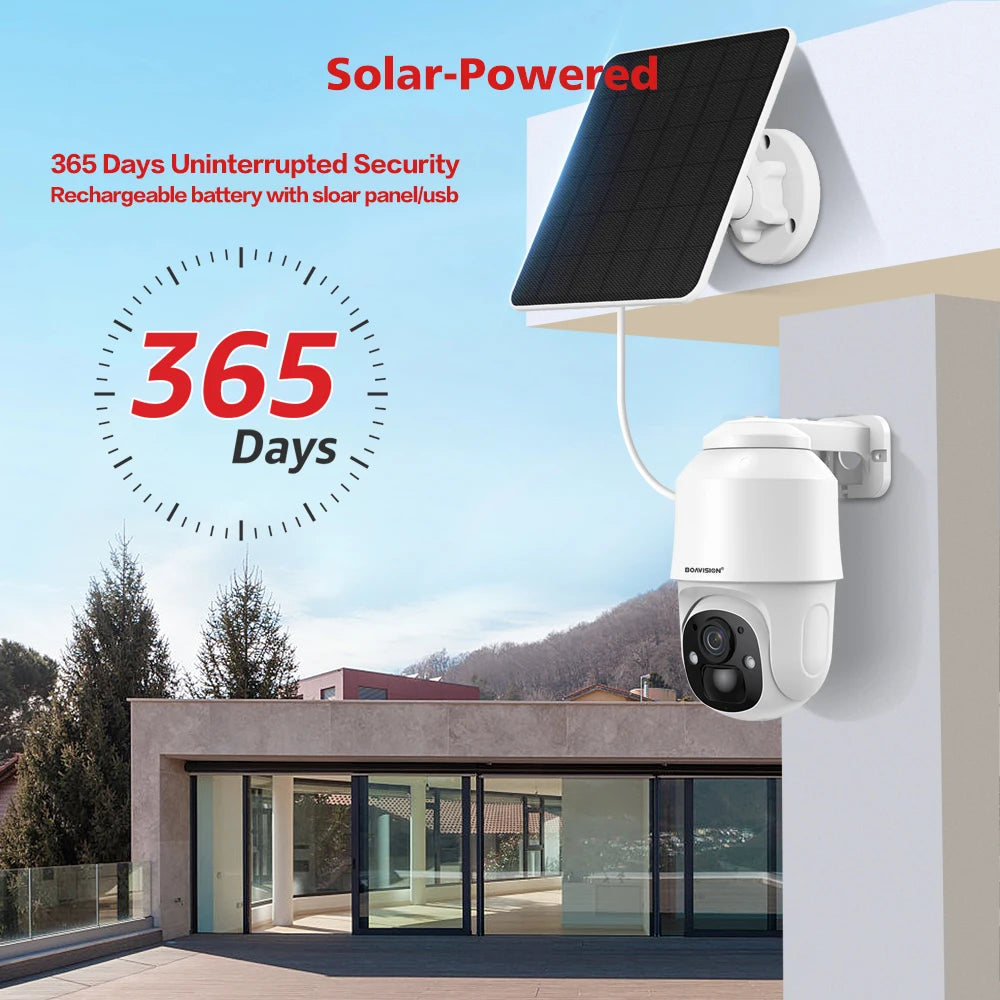 BOAVISION D4 Solar Camera, Continuous 365-day security powered by solar panel and rechargeable battery for uninterrupted monitoring.