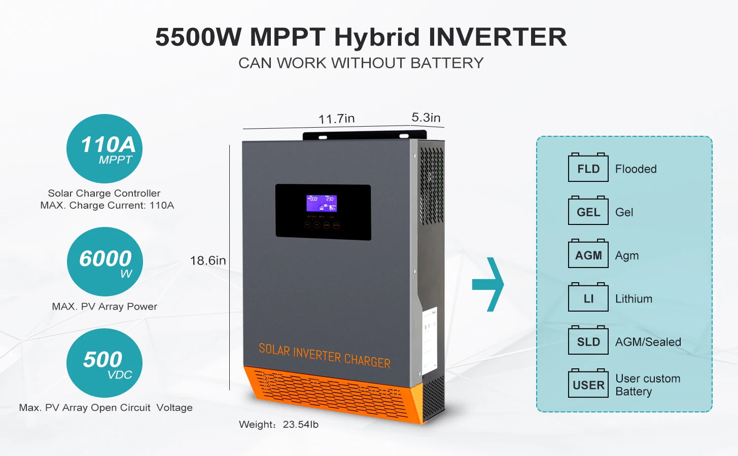 PowMr Hybrid Solar Inverter, Hybrid inverter for solar systems, featuring MPPT charging and pure sine wave output.