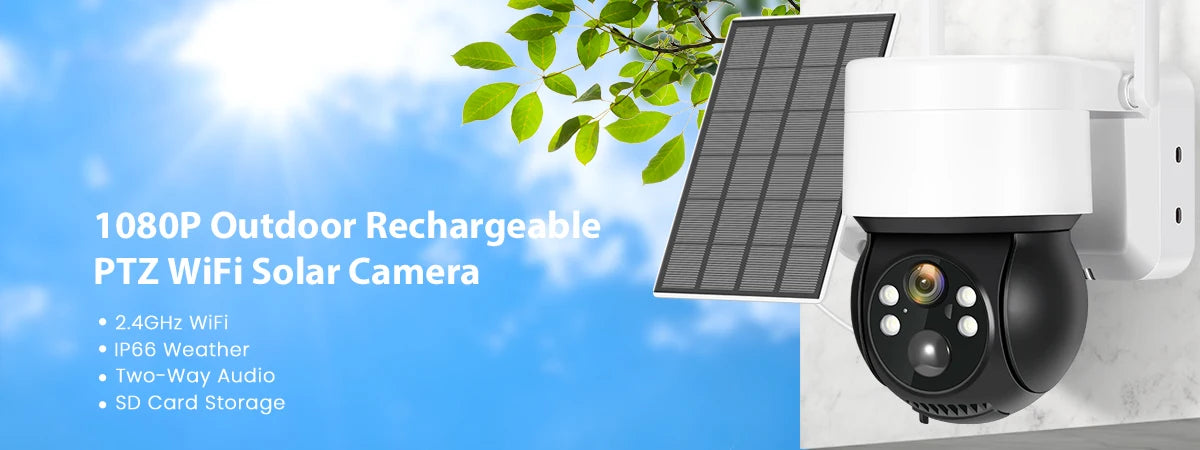 BESDER TD3 WiFi Solar Camera, Outdoor PTZ camera with WiFi, rechargeable battery, weatherproofing, and audio recording capabilities for reliable video surveillance.