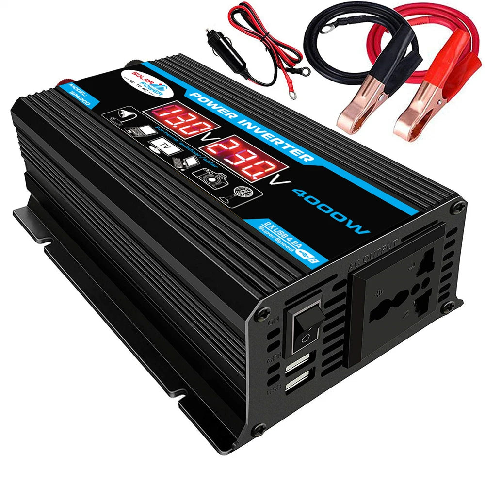 Pure sine wave inverter converts 12V DC to 220V AC, suitable for solar-powered devices up to 4000W.