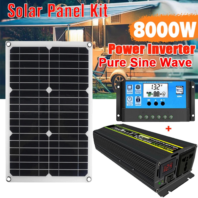 4000W/6000W/8000W Solar Panel, Solar panel system kit for camping or backup power, including inverter and charging components.