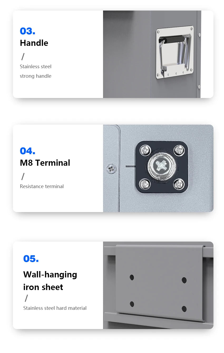 Powerwall LiFePO4 48V 100AH 5KW Battery, Stainless steel handle, M8 terminals, and heavy-duty stainless steel bracket for secure mounting.