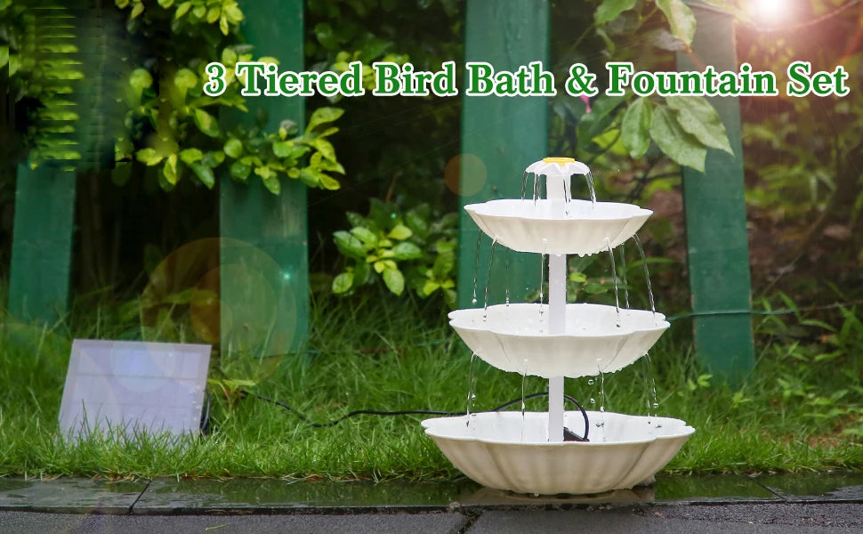 3 Tiered Bird Bath with 3W Solar Pump, Outdoor bird bath with detachable plates for feeding birds year-round.