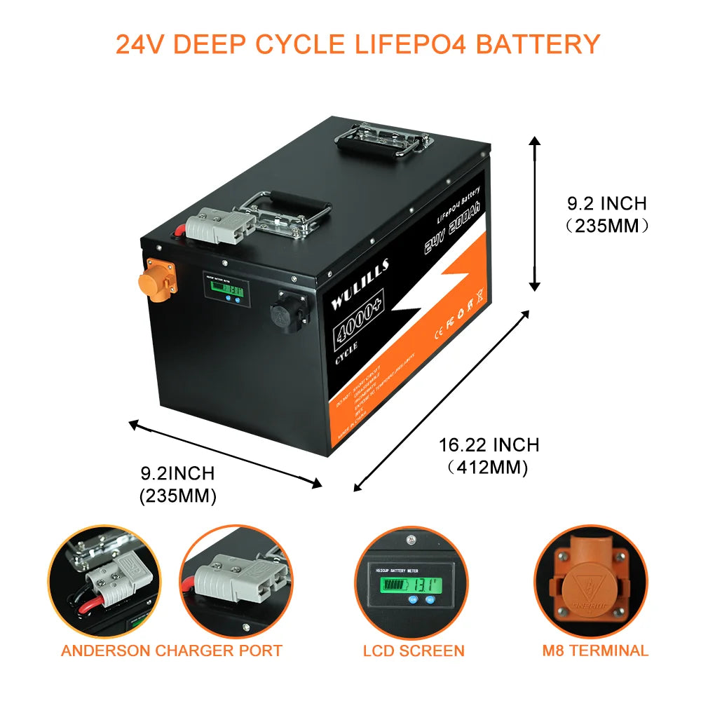 New Grade A 24V 100Ah 200Ah LiFePo4 Battery, New LiFePo4 battery pack for solar boats: compact, deep cycle, 24V output, built-in BMS, LCD screen.