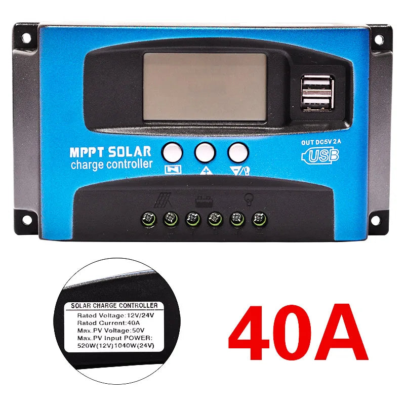 30/40/50/60/100A MPPT Solar Charge Controller, Solar charge controller for USB devices, handles 40A max current and 520W/1040W solar power.