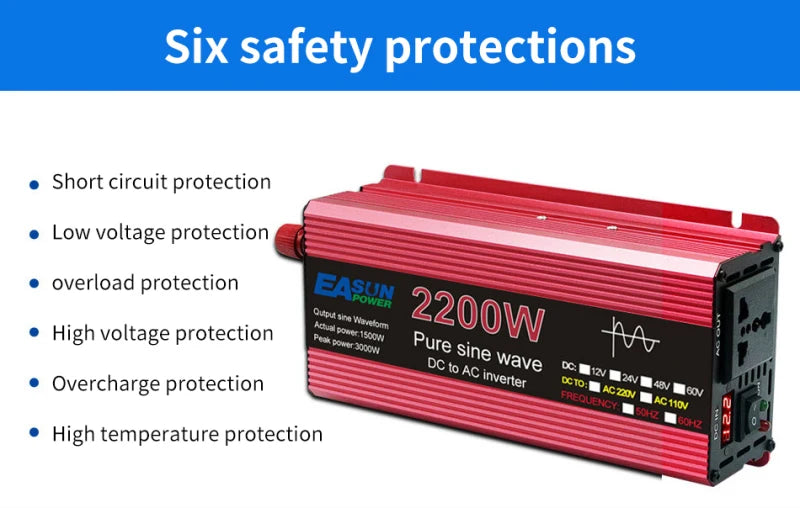 Pure Sine Wave Inverter, Advanced safety features with LED display for easy monitoring.