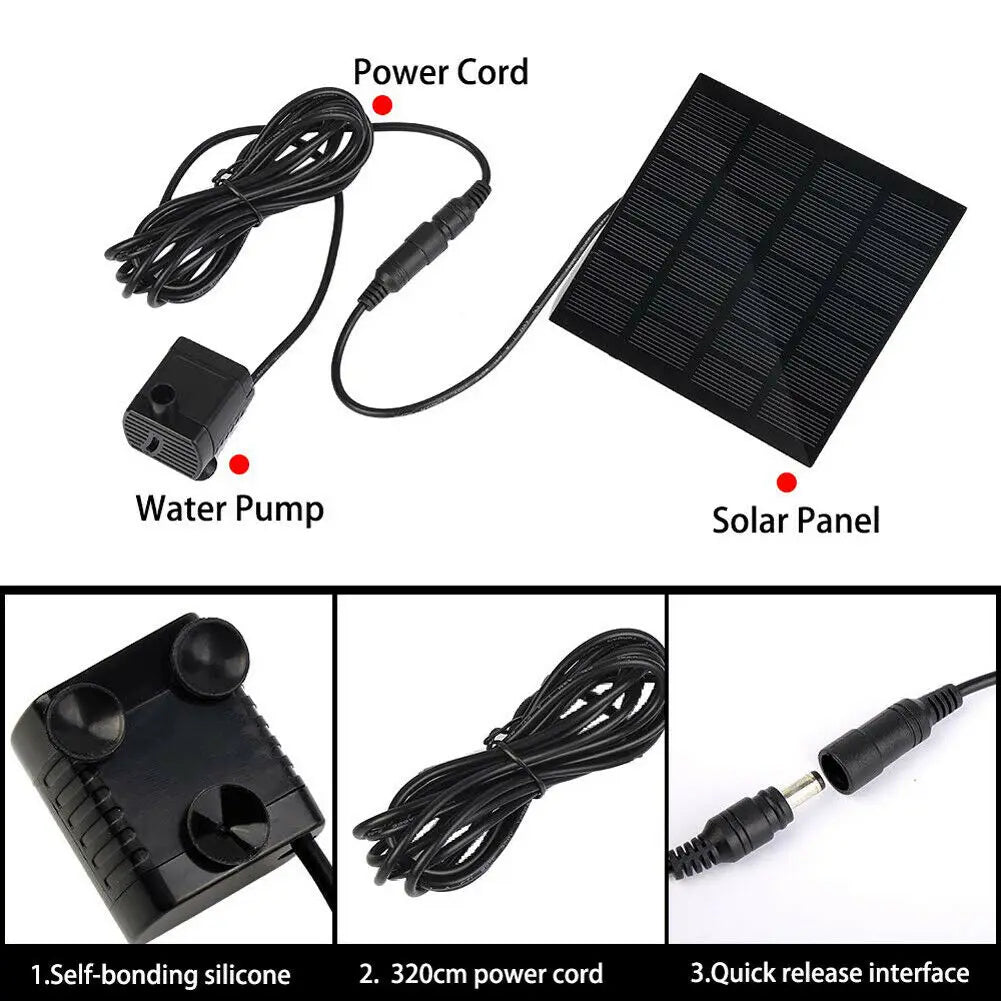 Solar Panel Powered Water Fountain, Easy-to-install solar-powered water pump with durable design and long power cord.