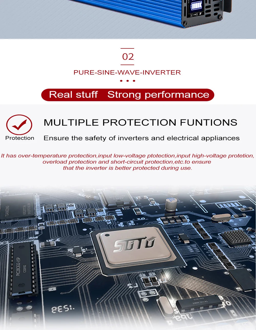 Pure Sine Waveform Universal Inverter, Reliable Pure Sine Wave Inverter with multiple protections against overheat, low input, high input, overload, and short-circuits.