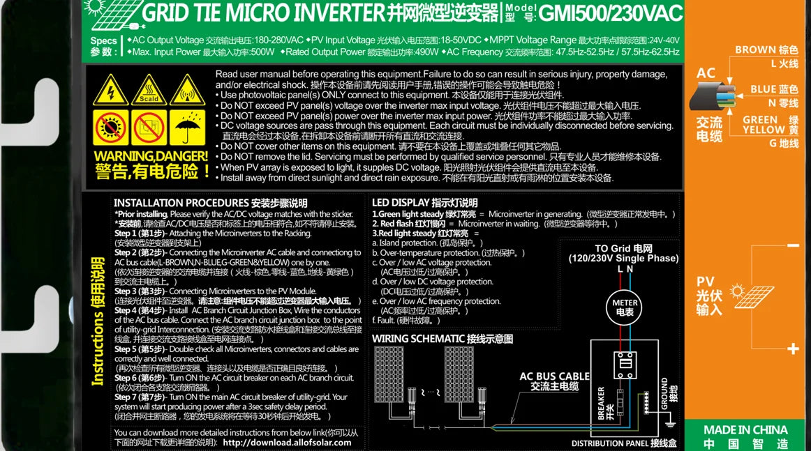 Solar inverter converts DC power from solar panels to AC for grid tie applications.