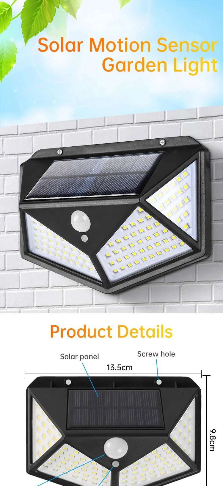 Outdoor solar-powered light with motion sensor, wide coverage, and waterproof design for easy installation.