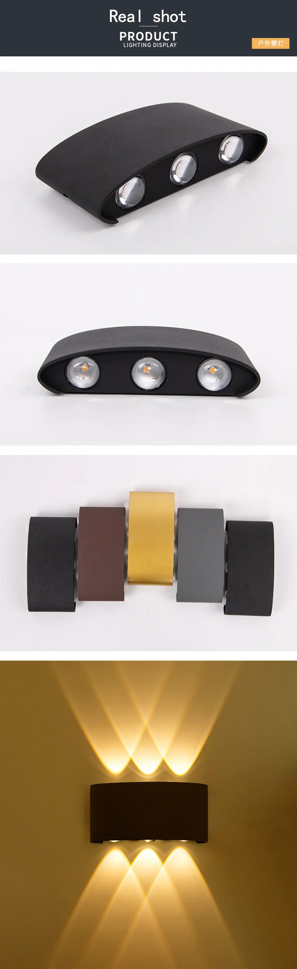 Waterproof LED lamp for indoor/outdoor use with aluminum construction and IP65 rating.