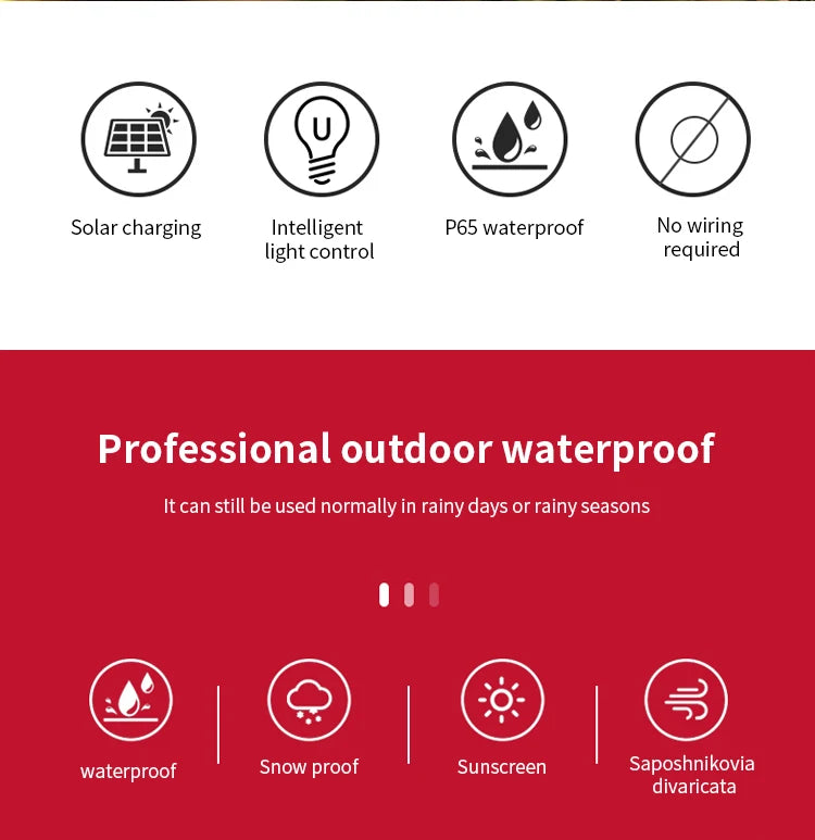 Solar Led Light, Waterproof solar-powered LED light for outdoor use in rain, snow, and extreme weather.