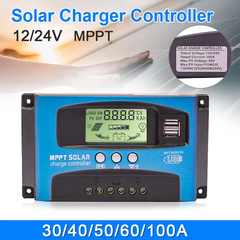 MPPT Solar Charge Controller with LCD Display and dual USB output for 12V or 24V systems.