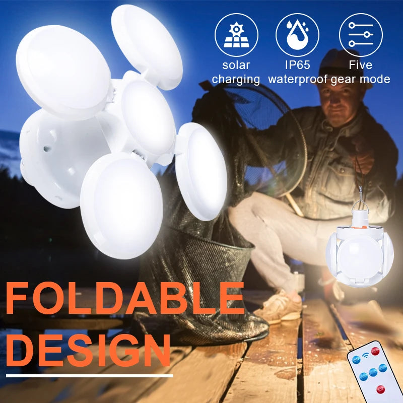 Solar Outdoor Folding Light, Waterproof and foldable design for outdoor use; IP65-rated with five charging modes.