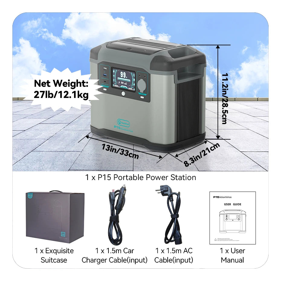 FF Flashfish P15, Portable solar generator with 230V output, 1500W power, and 1008Wh capacity.