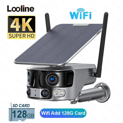 Looline 4K 8MP 180 Ultra Wide View Angle 4G Solar Camera - Security Outdoor WIFI 4X Zoom Dual Lens PIR Human Detection CCTV Camera