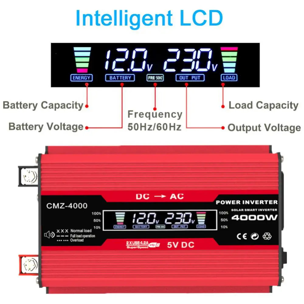 Car Pure Sine Wave Inverter, Pure sine wave inverter for 12V or 24V batteries, outputs 4000W at 110V or 220V with LCD display.