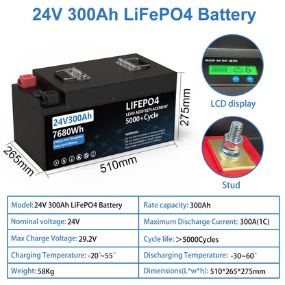 LiFePO4 24V 200AH Battery Pack - 240AH Lithium Iron Phosphate Solar Batteries Grand A Cells Built-in 200A BMS For RV Boat NO TAX