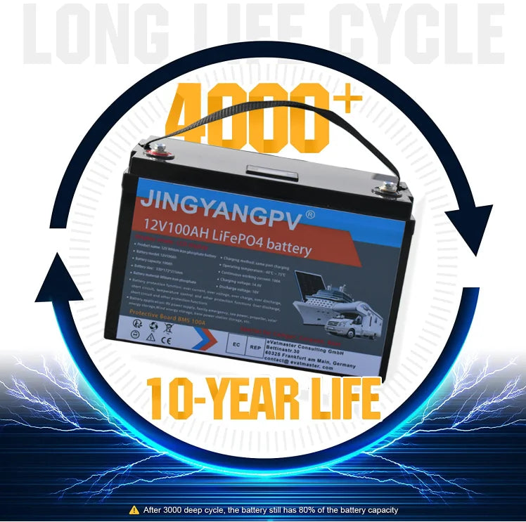 Jingyang 12V 100Ah 200Ah Lithium LiFePO4 Battery, Long-lasting battery with 10-year lifespan, 80% capacity retention, and built-in safety features for deep cycle use.