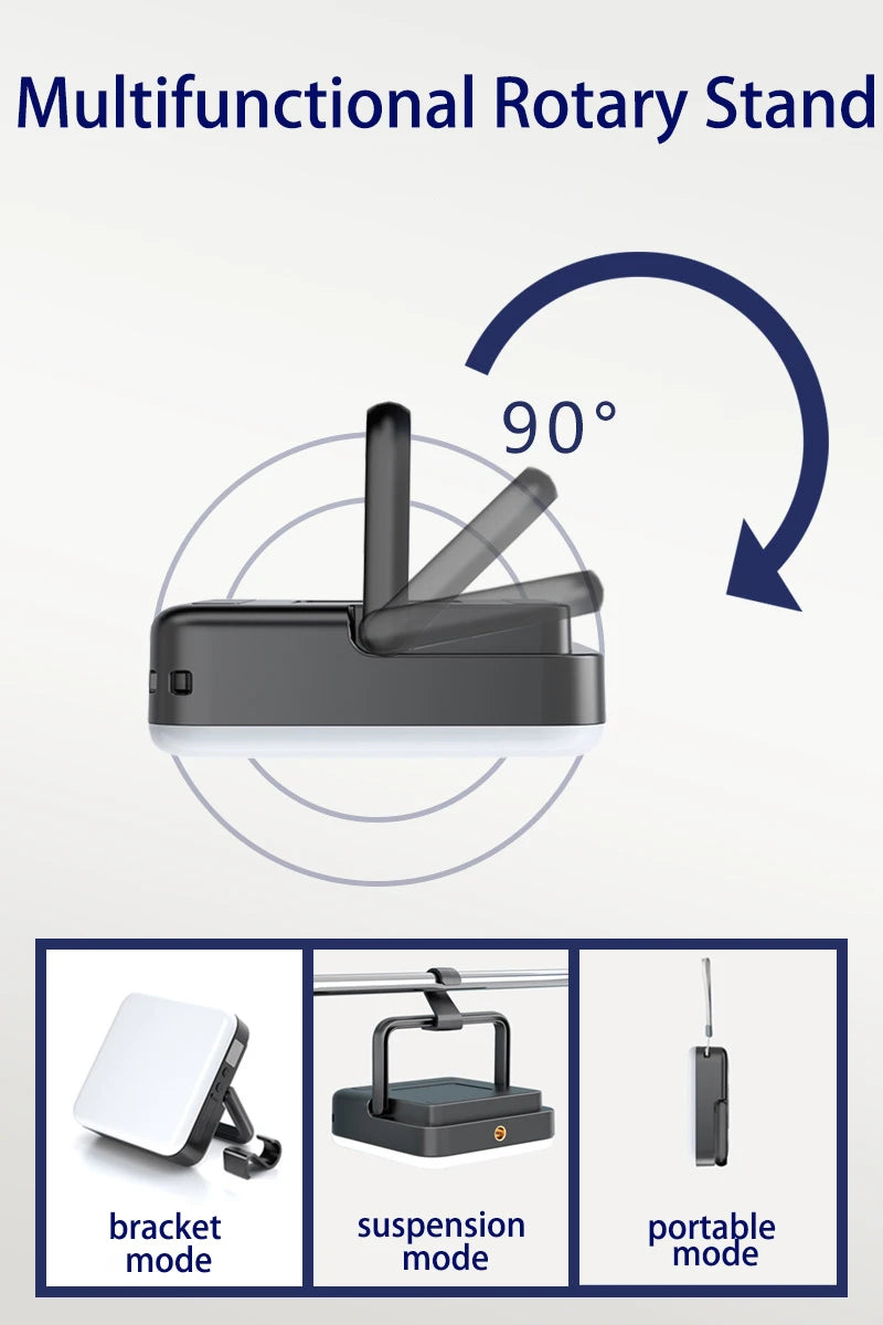 2023 NEW 13500mA LED Camping Light, Rotary stand with 90° bracket for adjustable lighting and compact portability.