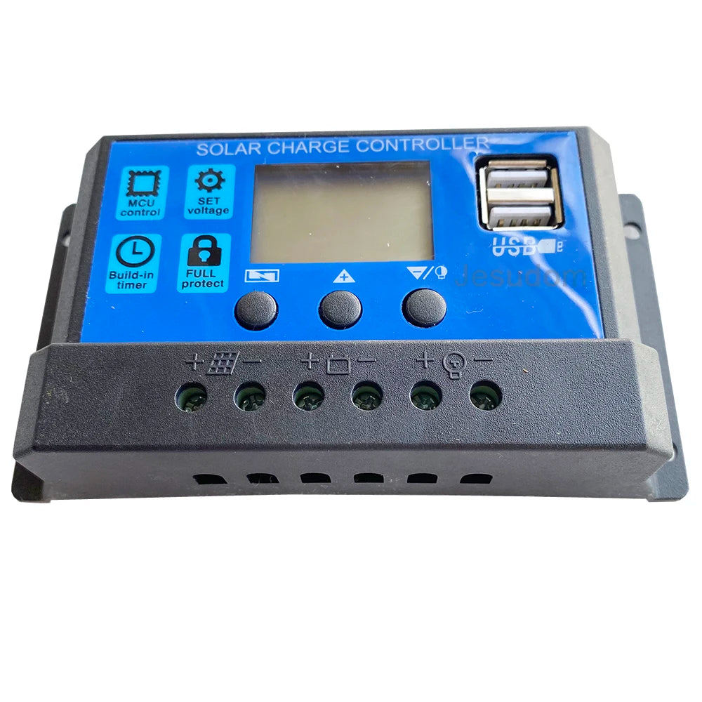 12V24V Auto. PWM Solar Charge Controller, Solar charger controller with MCU set, USB output, and timer protection for safe PV panel to battery charging.