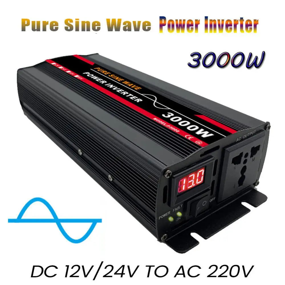 3000W Inverter, DC-to-AC inverter for solar, home, and outdoor use, converting 12V/24V DC to 220V AC.