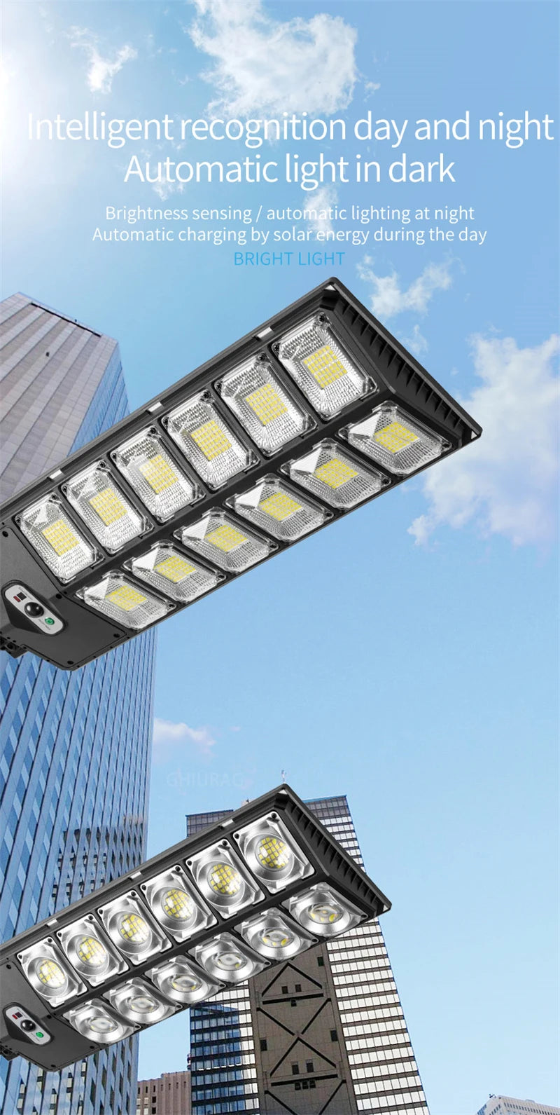 Newest 10000LM Solar Street Light, Solar-powered lantern with automatic on/off feature, charging during the day and lighting up at dusk.