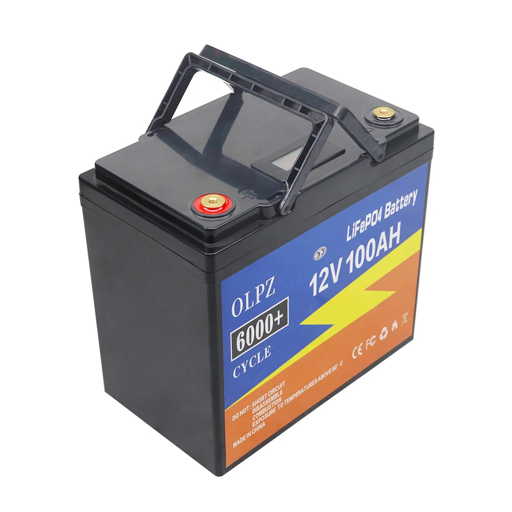 High-capacity lithium iron phosphate battery with built-in management system for camping, golf cart, and solar energy use.