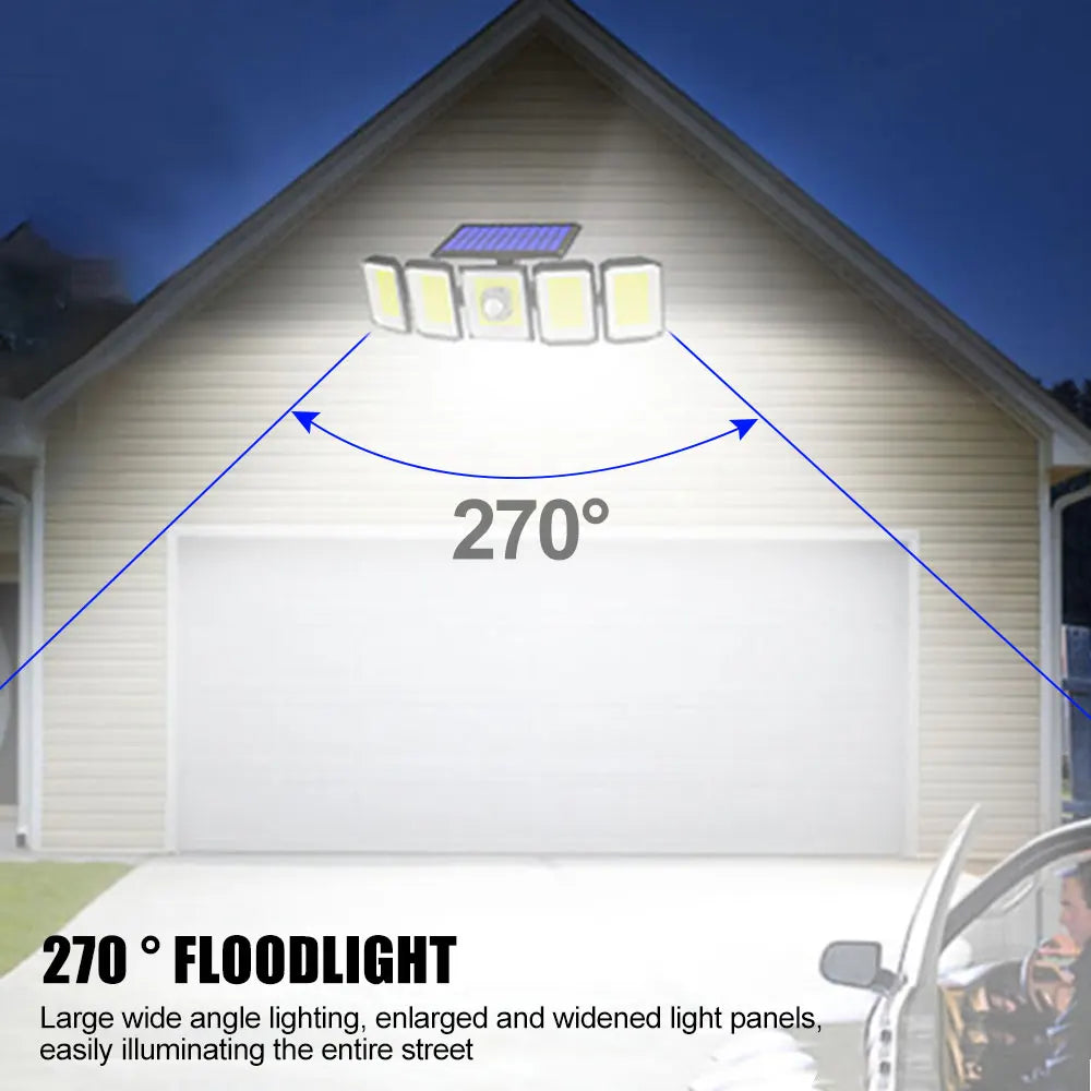 5 Heads 300 LED Solar Light, Bright large-angle lighting with expanded panels for comprehensive street illumination.