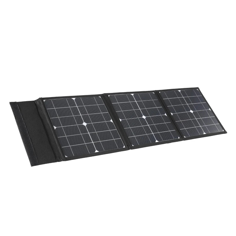 Portable solar power kit for outdoor enthusiasts, featuring 100W monocrystalline silicon panels and USB charging.