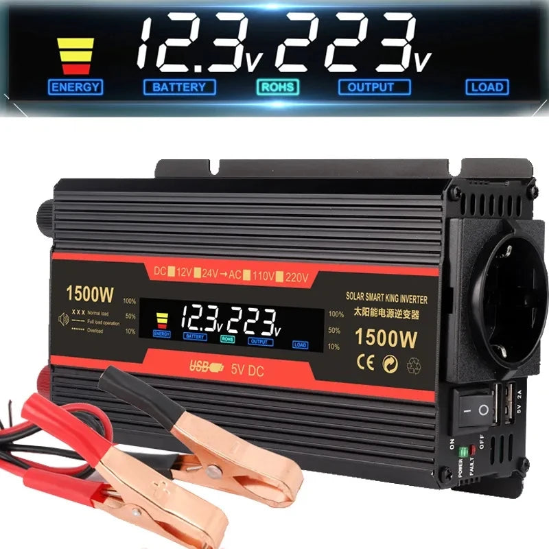 Pure Sine Wave Inverter, Converts 12V/24V DC power to 110V/220V AC output for solar-powered systems, cars, and power banks.