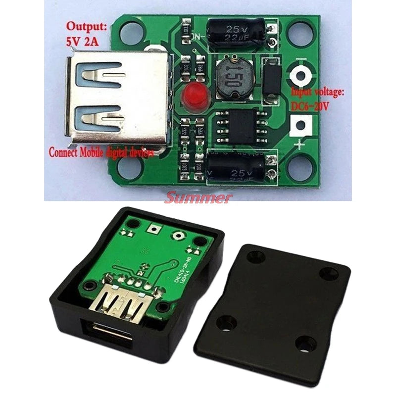 DC-to-DC converter with 6V-20V input, 5V/2A output for phone charging via solar panels or power supplies.