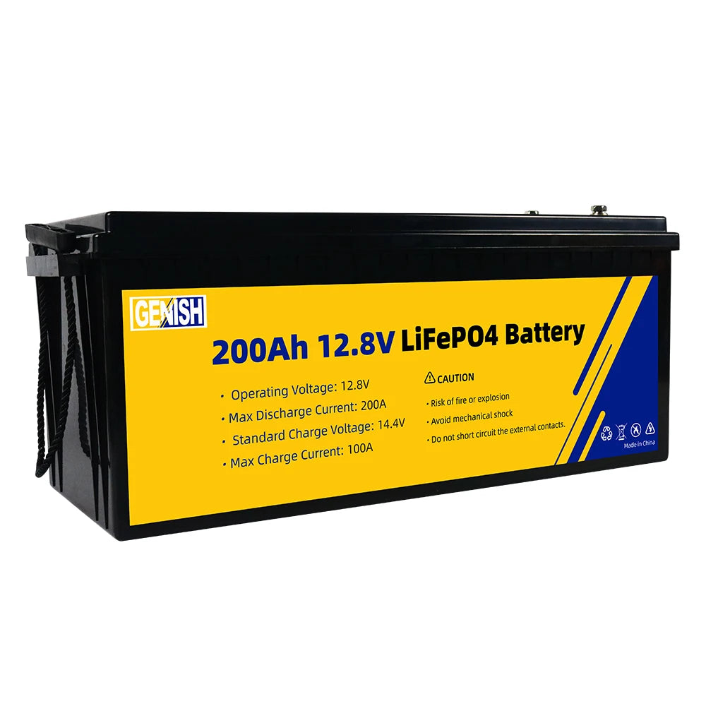 Handle with care: 12V 200Ah LiFePO4 battery pack warns of fire/explosion risk if voltage or discharge/charge limits exceeded.
