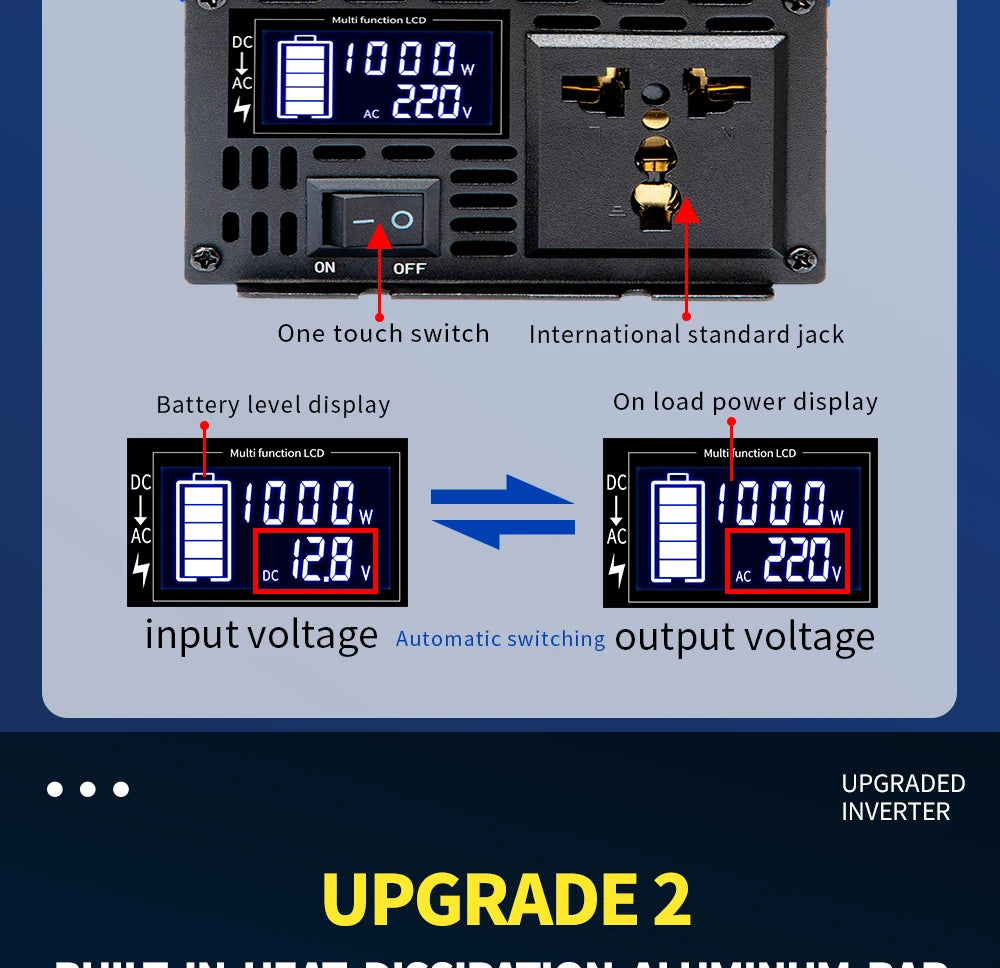 Pure Sine Waveform Universal Inverter, Advanced inverter with automatic switching, battery monitoring, and multiple voltage support.