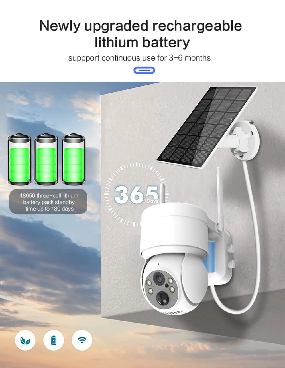 Solar PTZ Camera, Rechargeable lithium battery powers camera for 3-6 months, with up to 180 days standby time.