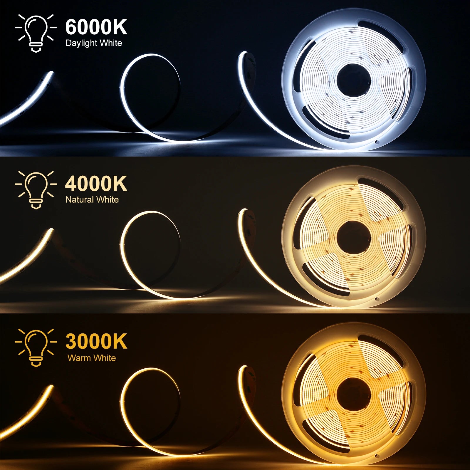 PAUTIX COB LED Strip Light, Lighting options: Daylight, Natural White, and Warm White color temperatures.