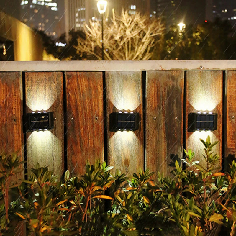 Automatic solar-powered wall lamp with 8-10 hour illumination, waterproof, and adjustable color options.