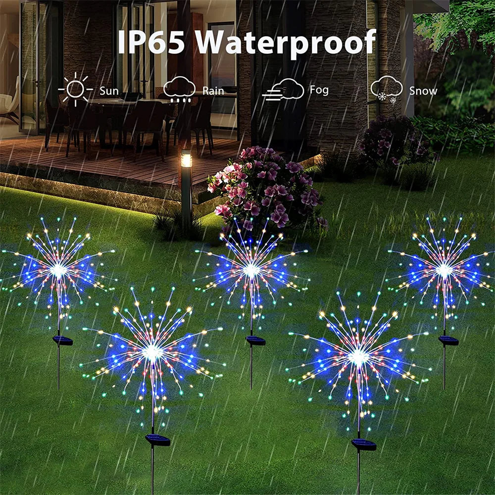 Solar Firework Light, Waterproof in harsh weather: IP65 rated for rain, snow, sun, and fog protection.