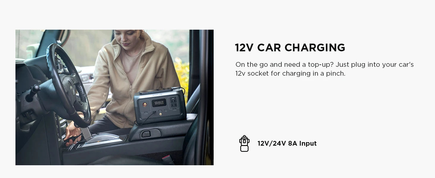 Quickly charge on-the-go with 12V car adapter.