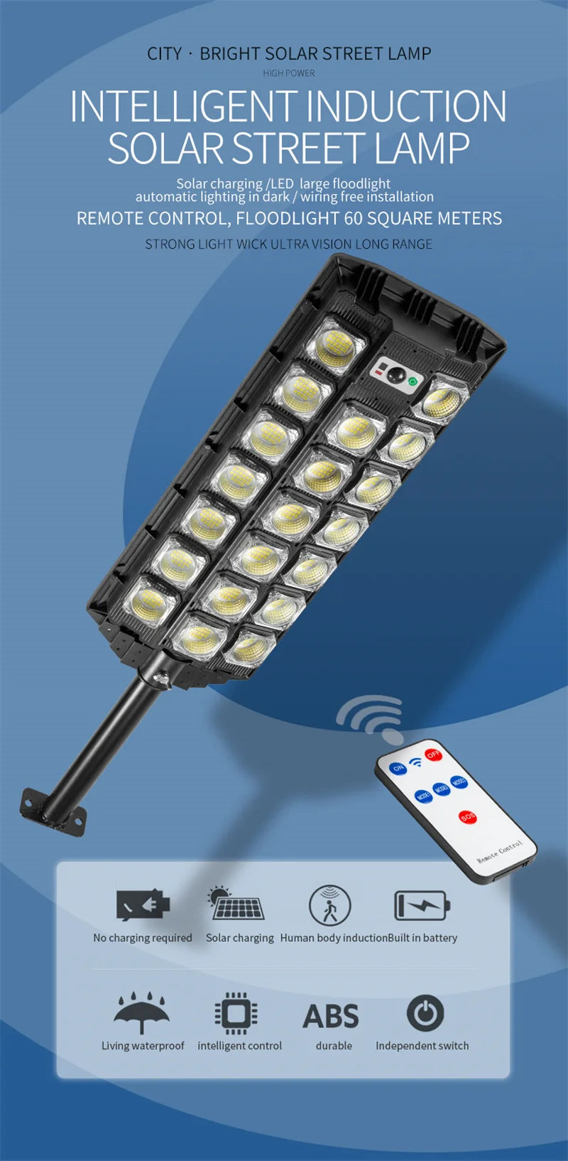 15000LM Solar Street Light, High-powered solar street lamp for intelligent lighting with solar charging and wireless installation.