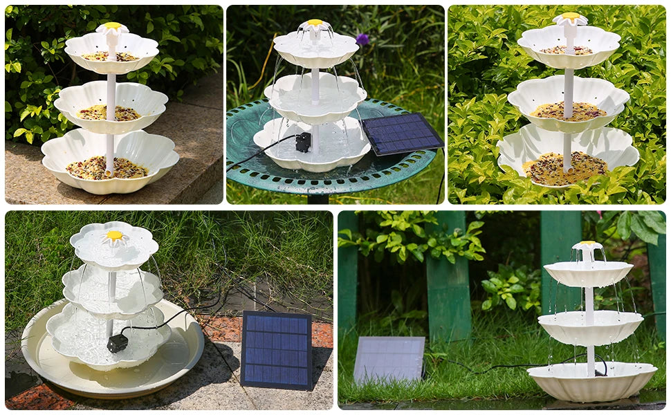 3 Tiered Bird Bath with 3W Solar Pump, Attractive patio feature attracts birds with gentle water flow.