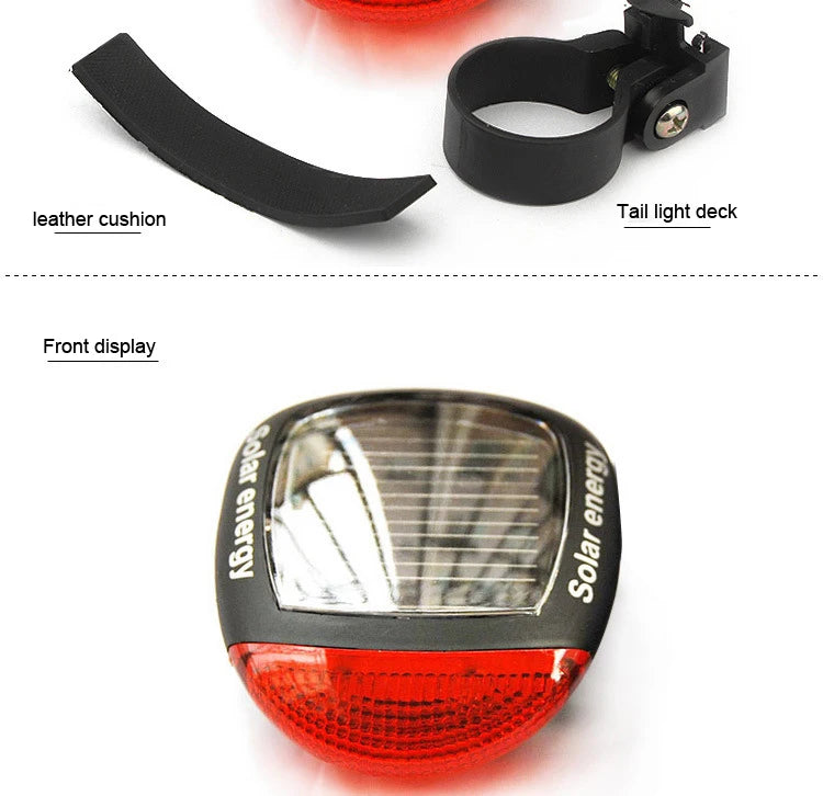 Solar Bike Light, Motorcycle helmet with features: leather-textured grip, tail light, display, and horn, plus USB charging.