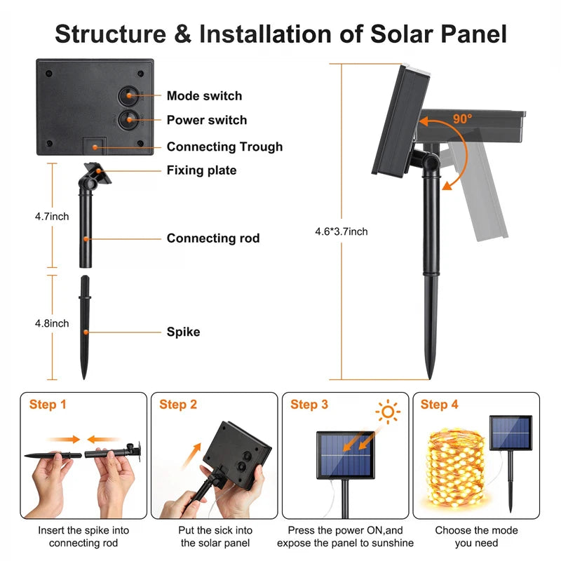 7m/12m/22m/32m LED Solar Light, Solar-powered mode installation: Insert spike, press power button, select mode; expose panel to sunshine for optimal charging.