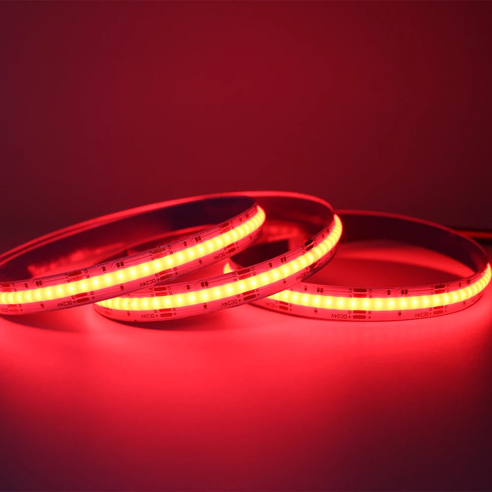 RGB COB LED Strip Light, Flexible RGB LED strip with 756-840 LEDs/m, suitable for room decoration and lighting.