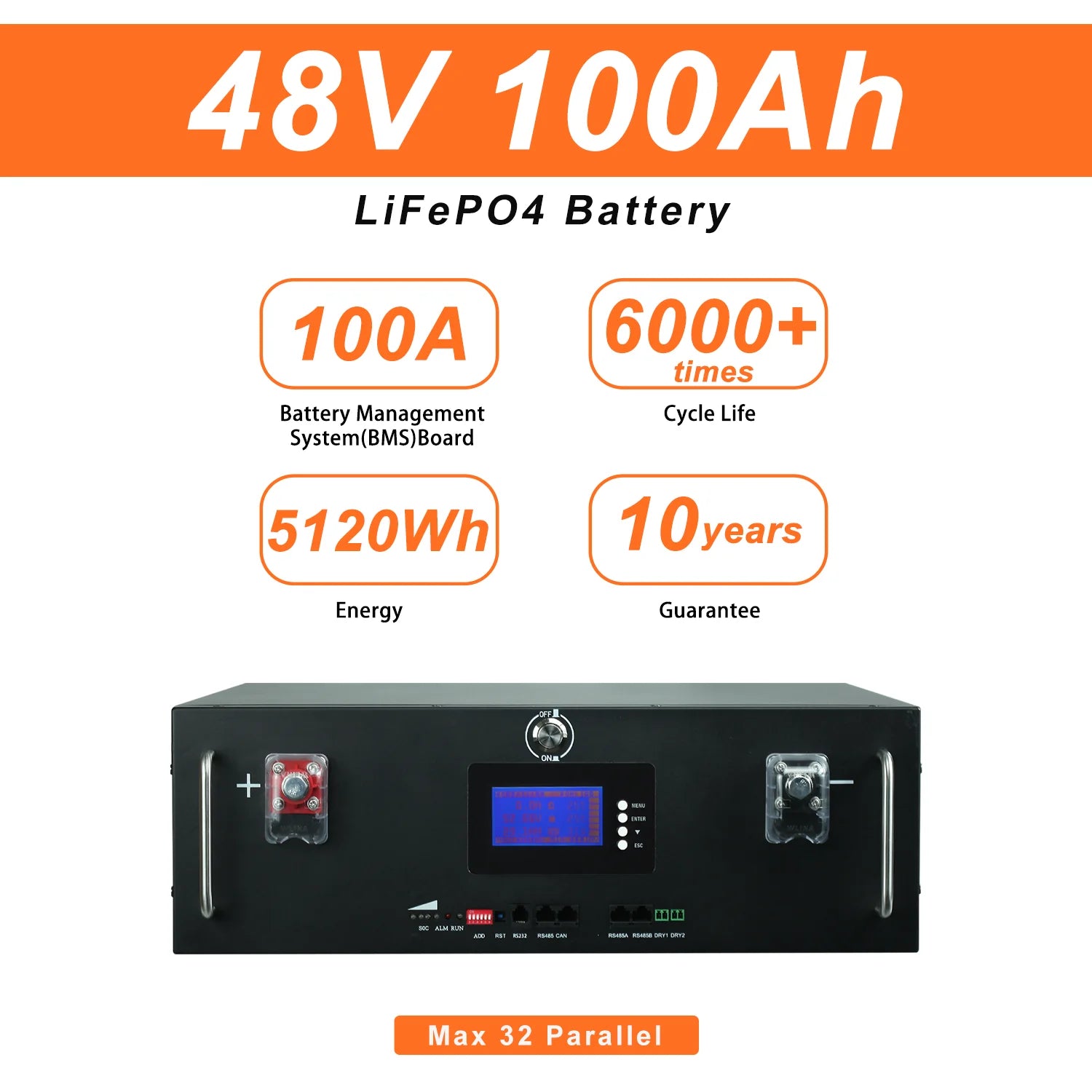 New 48V 100Ah LiFePo4 Battery, High-capacity 48V LiFePO4 battery pack with built-in BMS and 5-year warranty.