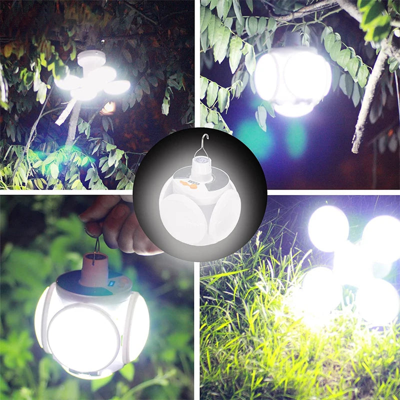 Portable Solar LED Light, Rechargeable USB camping light eliminates battery replacement needs.