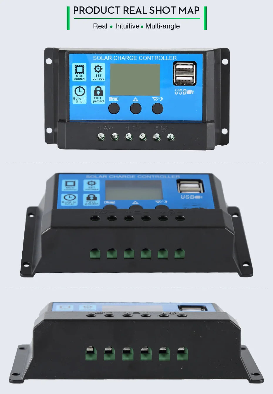 10A-100A MPPT Solar Controller, Real-time monitoring device with multiple angles, compact design, and safety features.