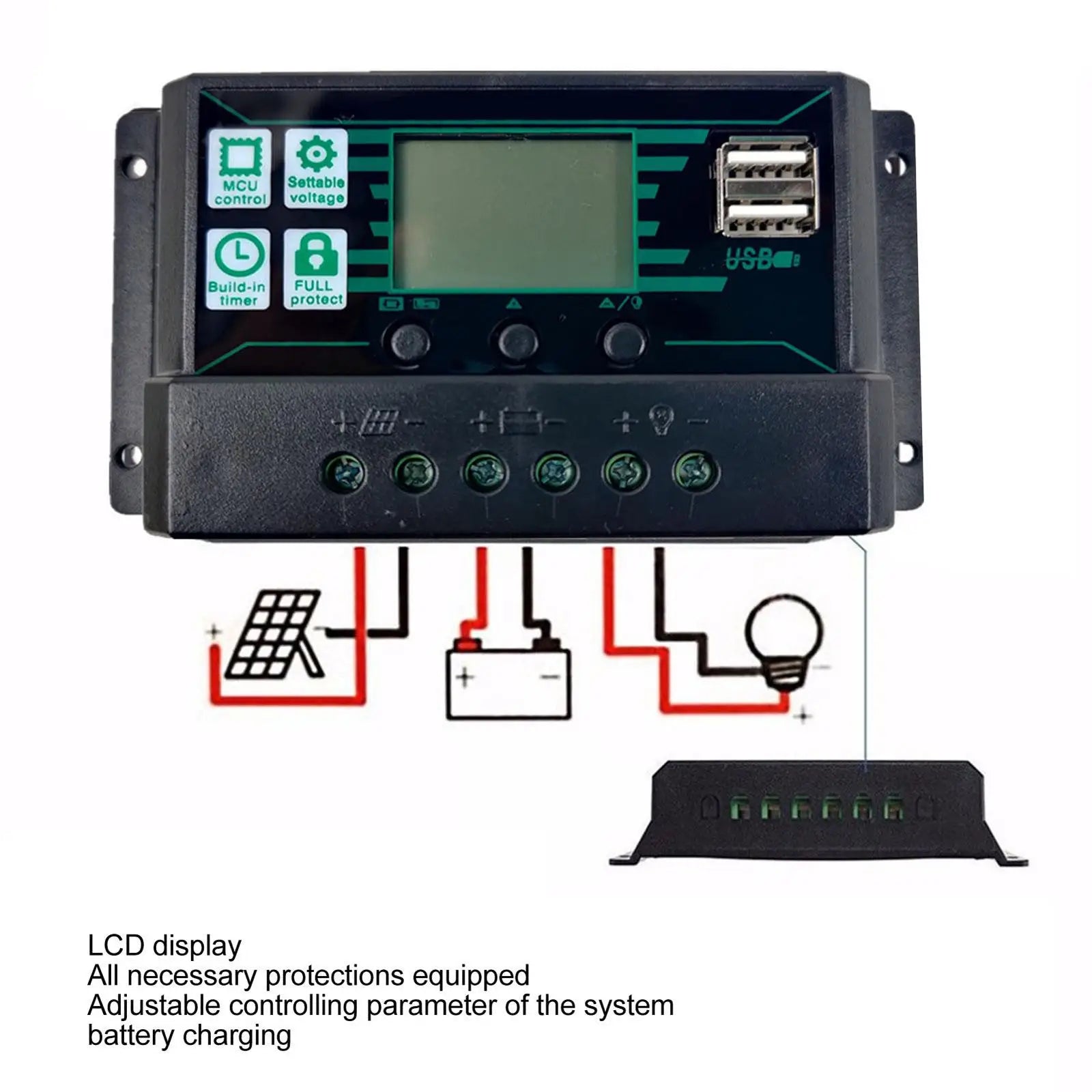 MPPT 10/20/30/60/100A Solar Charge Controller, Advanced solar charge controller with LCD display, adjustable settings, and full-time battery protection.