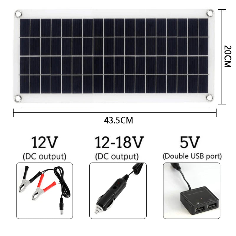 1000W Solar Panel, Power adapter with dual USB ports, DC output for 12-18V devices, and adjustable voltage.
